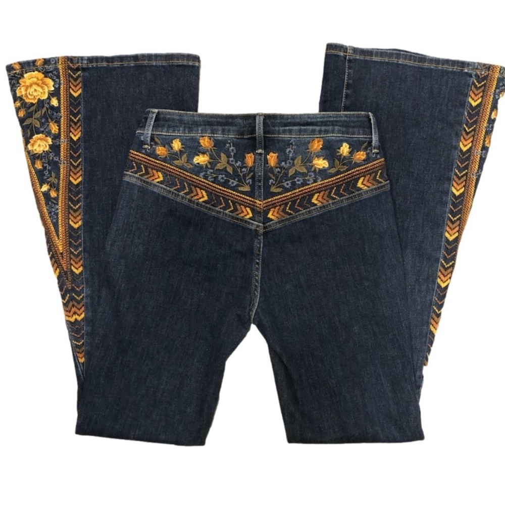 Driftwood violet rose embroidered floral jean flare bell bottom boho orange